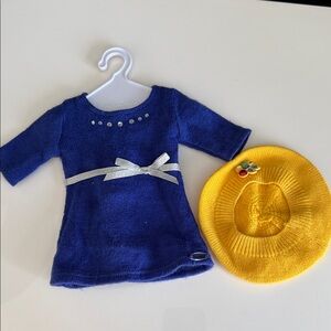 American Girl Blue Dress with Silver Bow and Yellow Hat